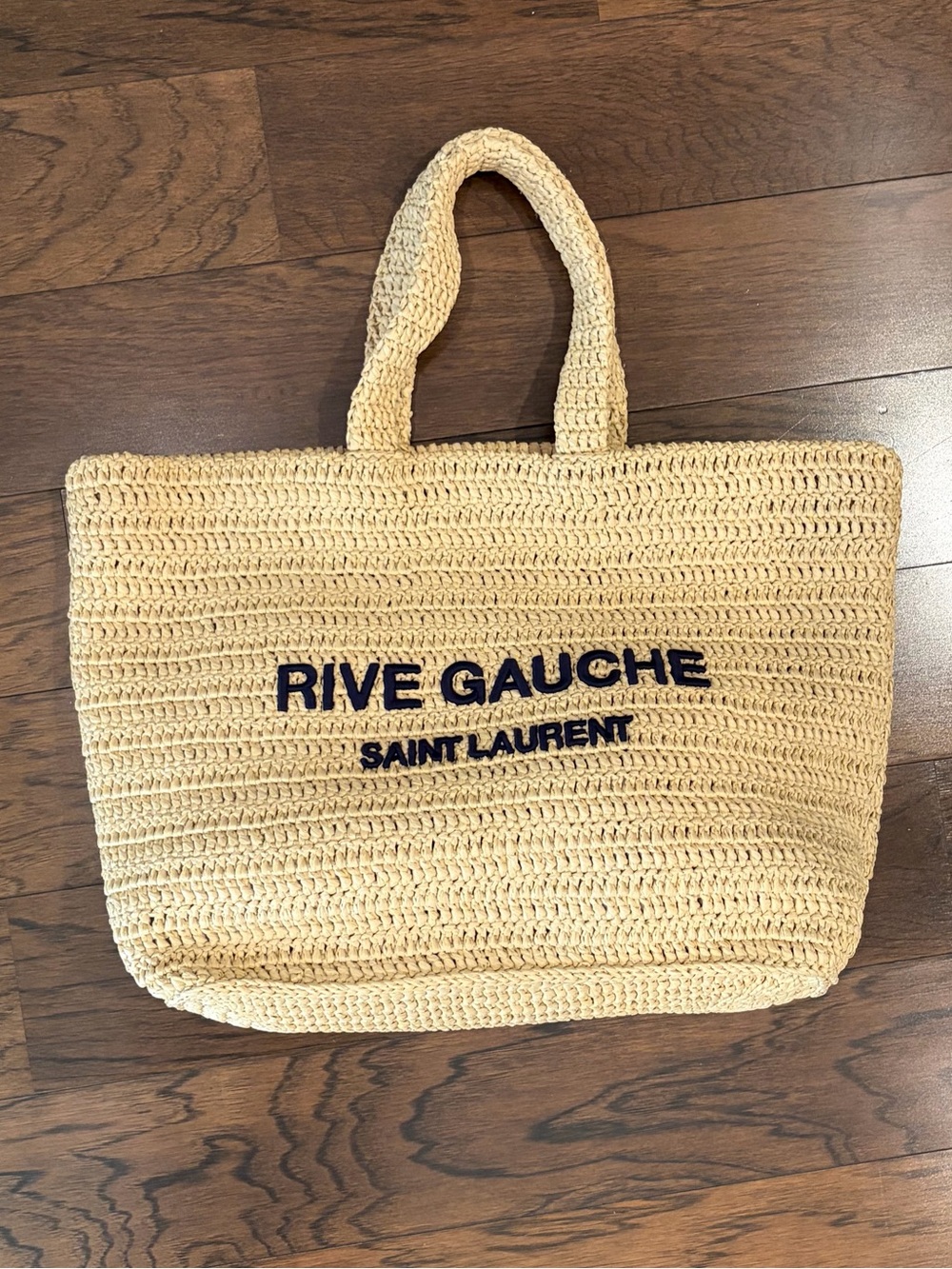 Saint Laurent Straw Tote with Navy Logo and Black Pouch